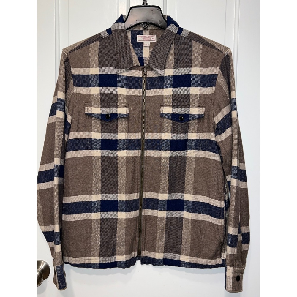Wallace & Barnes Mens Brown Navy Plaid Full Zip Cotton Shirt Jacket Size M